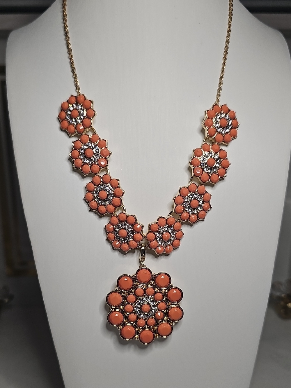 Premier Designs Coral and Gold Tone Floral Pendant Necklace